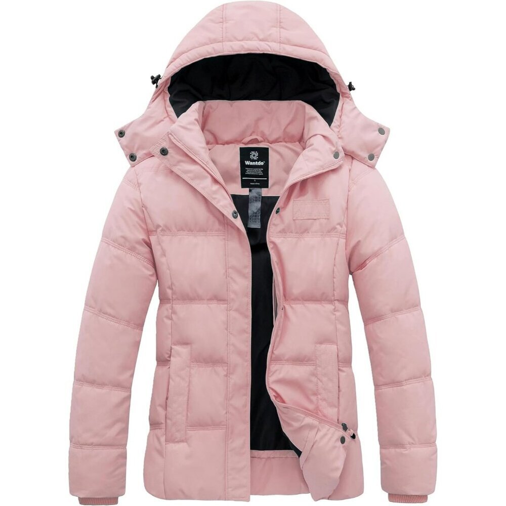 Women's Coral Pink Quilted Puffer Hooded Jacket Coat Thicken Warm Winter